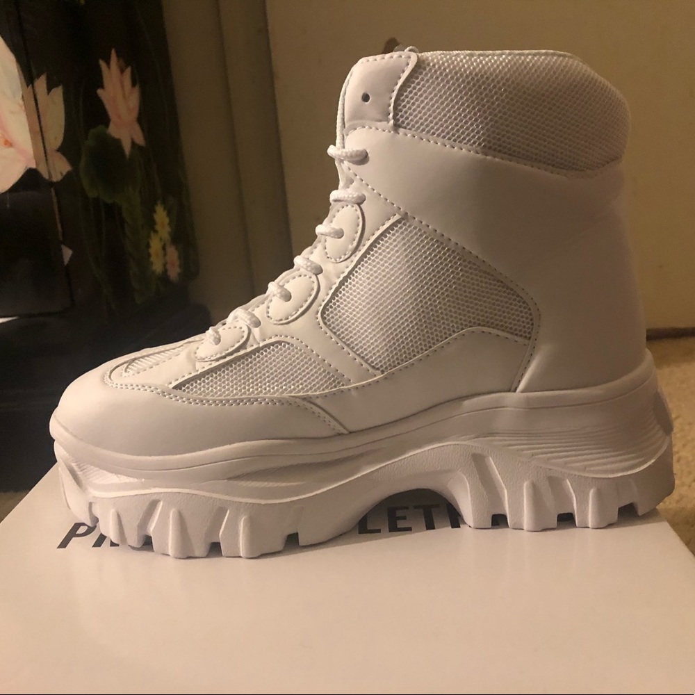 Chunky white reflective sneakers/hiker boots